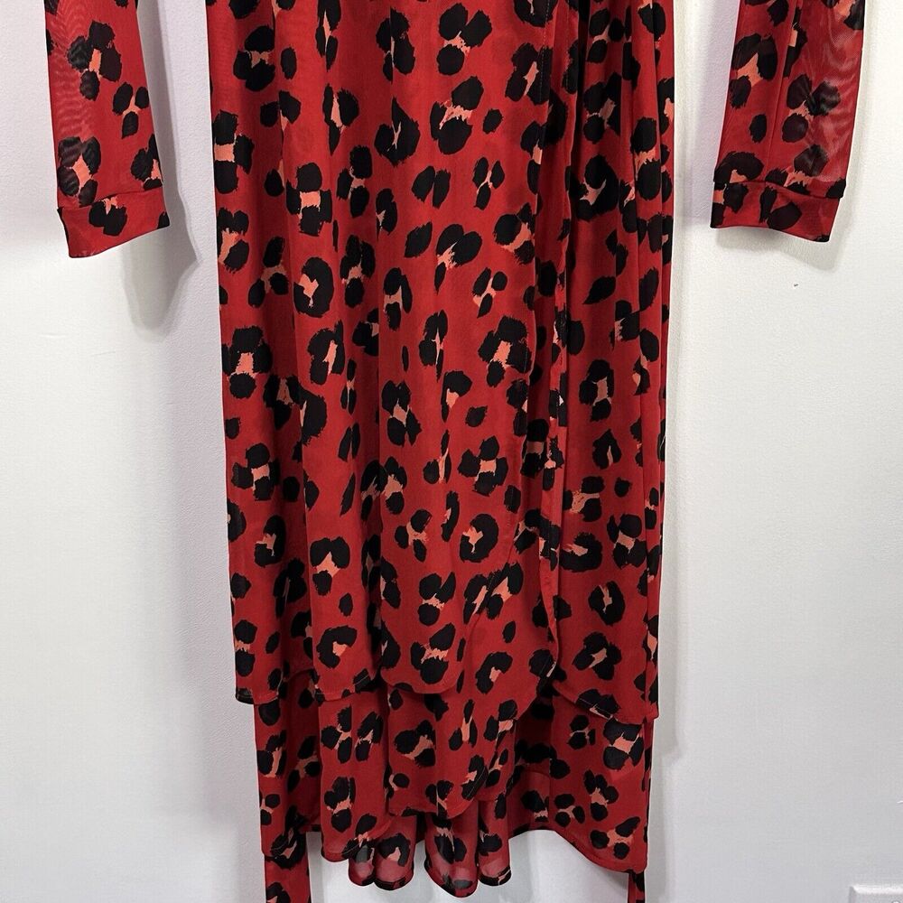 CAbi Red Siren Mesh Long Sleeve Leopard Wrap Dress M Cardigan Duster Trendy 5771 - Picture 2 of 7